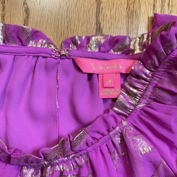 Lilly Pulitzer‎ Shirt Women's Medium Caline Silk Top Wild Fuchsia Palm Leaf - Picture 6 of 9